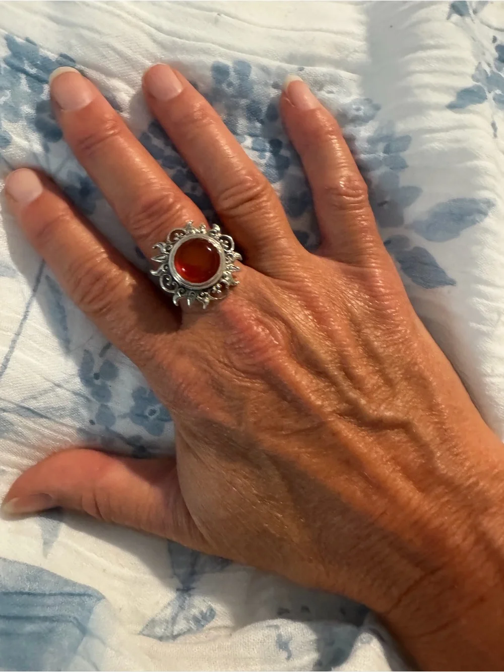 Ovi Silver Sunburst Ring with Amber Orange Cabochon